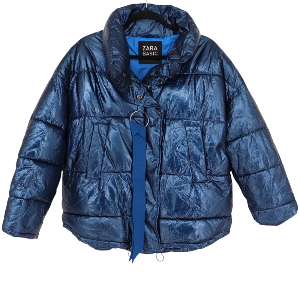Zara Basic Metallic Blue Puffer Jacket Oversized Quilted Winter Coat Size S